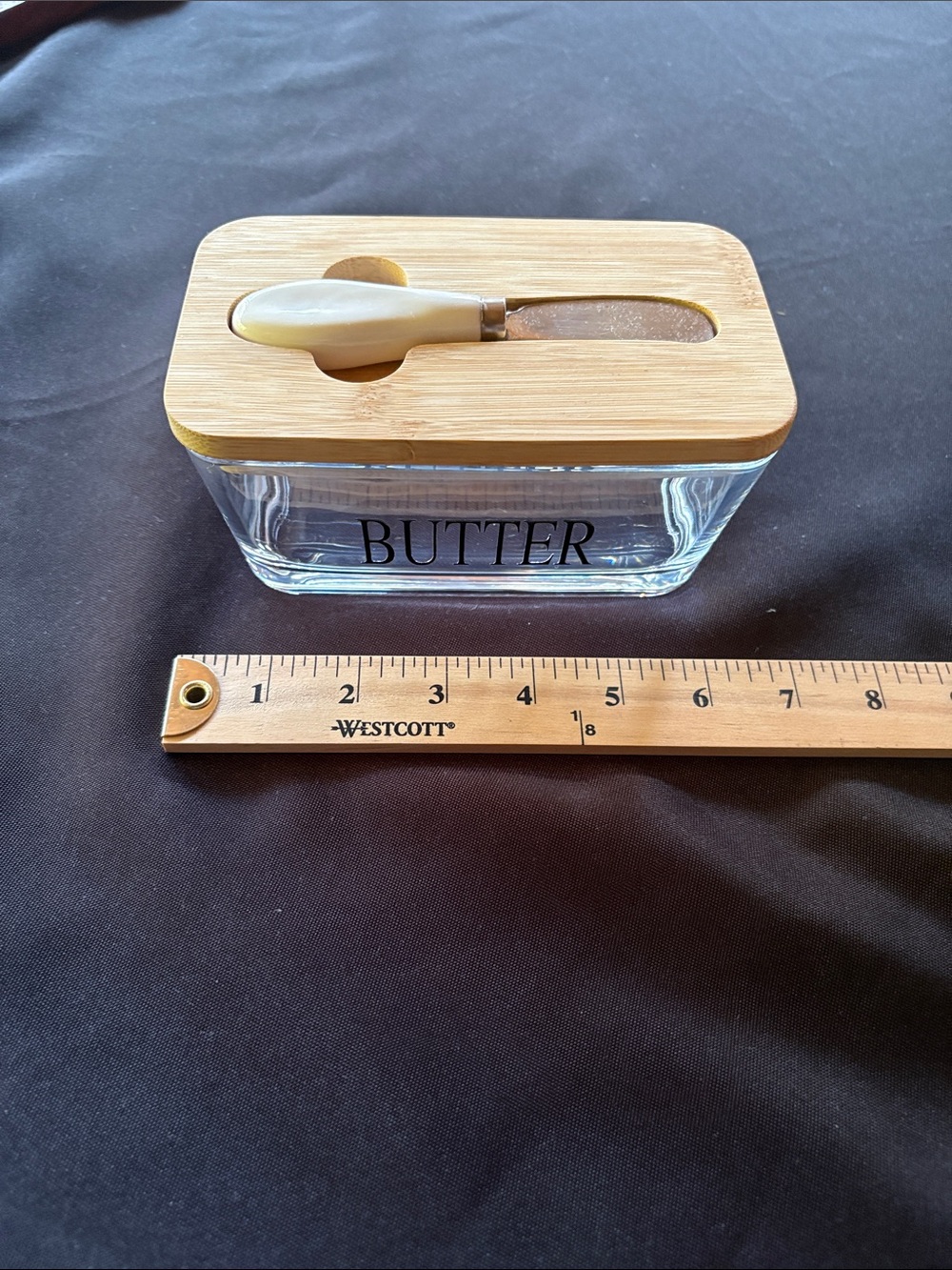 Glass Butter Dish with Bamboo Lid and Ivory Spreader